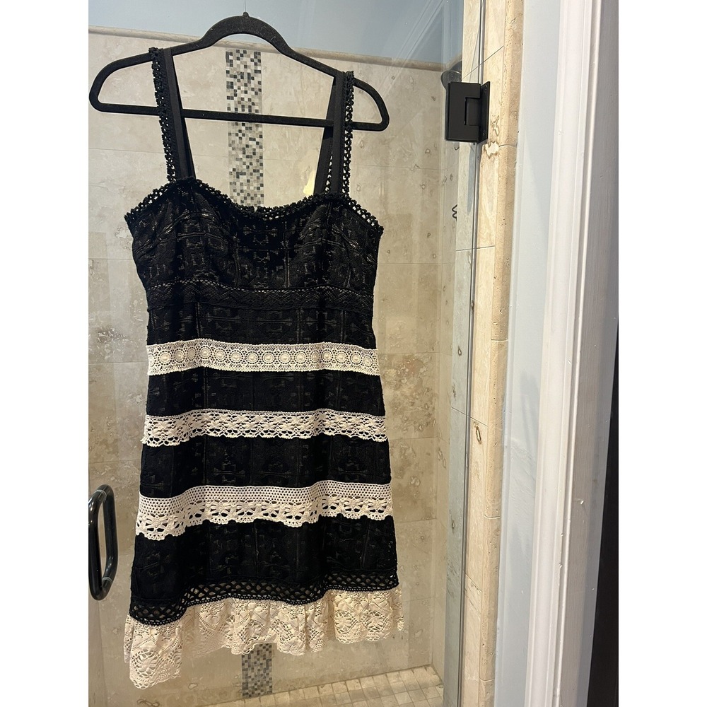 Nanette Lepore Crochet Cream Black Striped Cocktail Dress Size 8 M